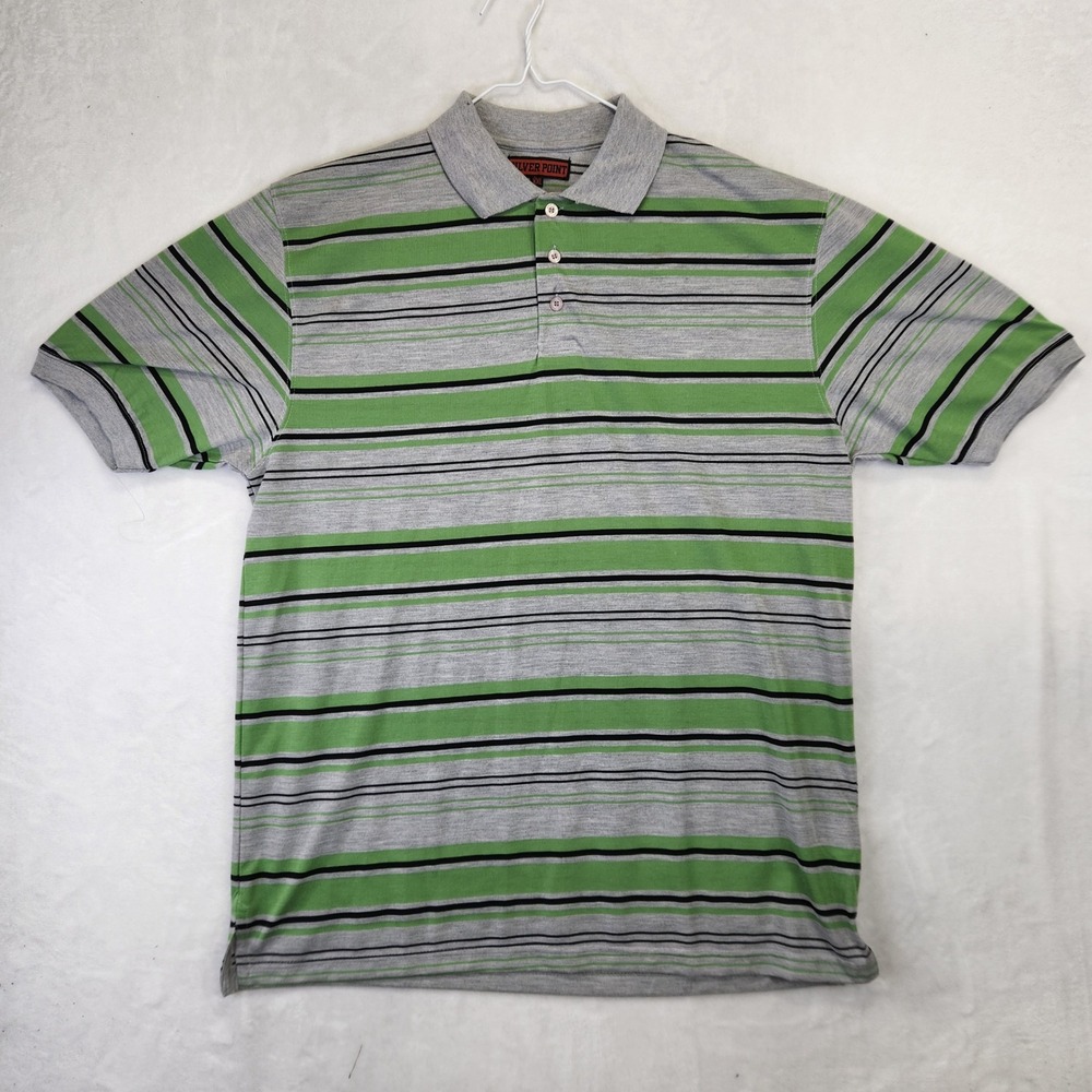 Silver Point Mens‎ XXL Polo Shirt Grey Green Black Striped Short Sleeve Casual